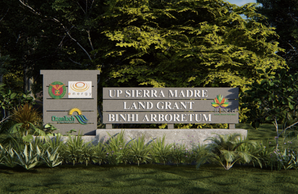 A sign saying UP Sierra Madre Land Grant Binhi Arboretum